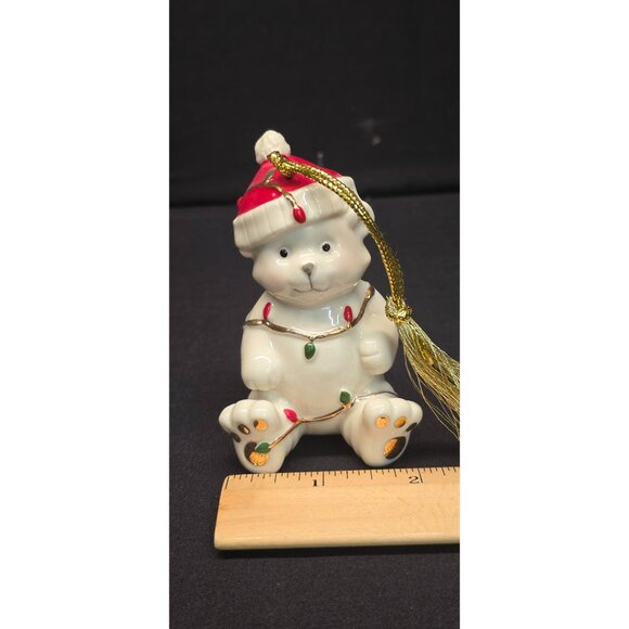 Lenox Very Merry Porcelain Teddy Bear w Santa Hat and Christmas Lights Ornament - Picture 7 of 7